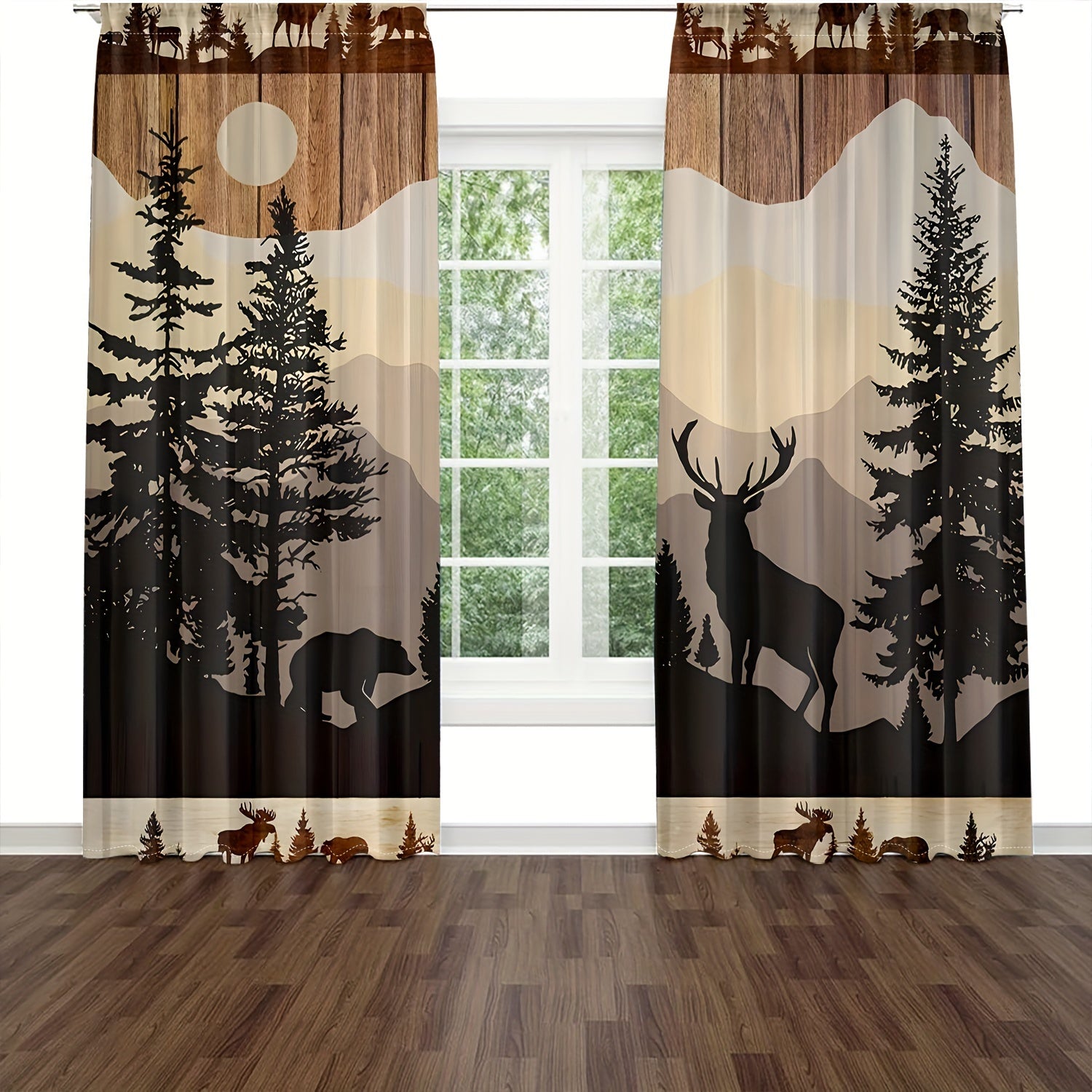 Set of 2 Rustic Forest Animal Curtains Vintage Bear Deer Polyester Fade-Resistant for Living Room Bedroom