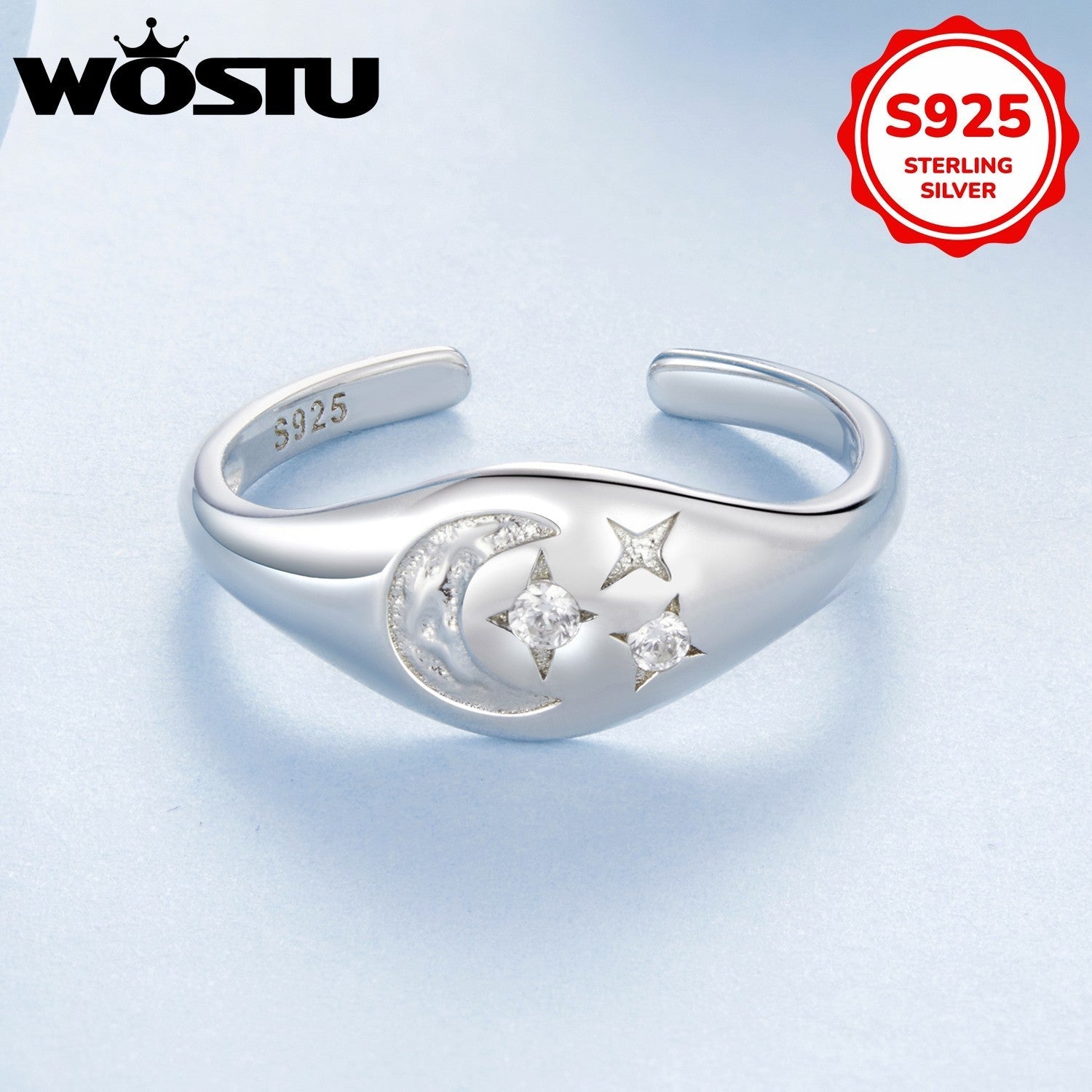 Women's Silver Open Ring with Star and Moon Design and Synthetic Zirconia Stones