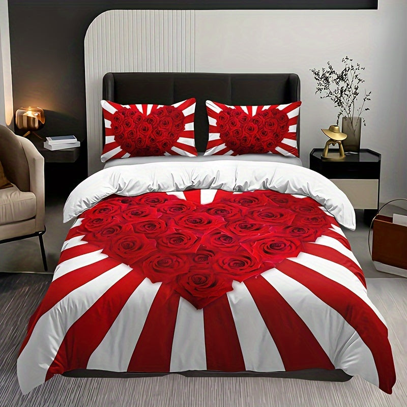 Red and White Rose Floral Print Bedding Set 3 Pieces Duvet Cover and Pillowcases
