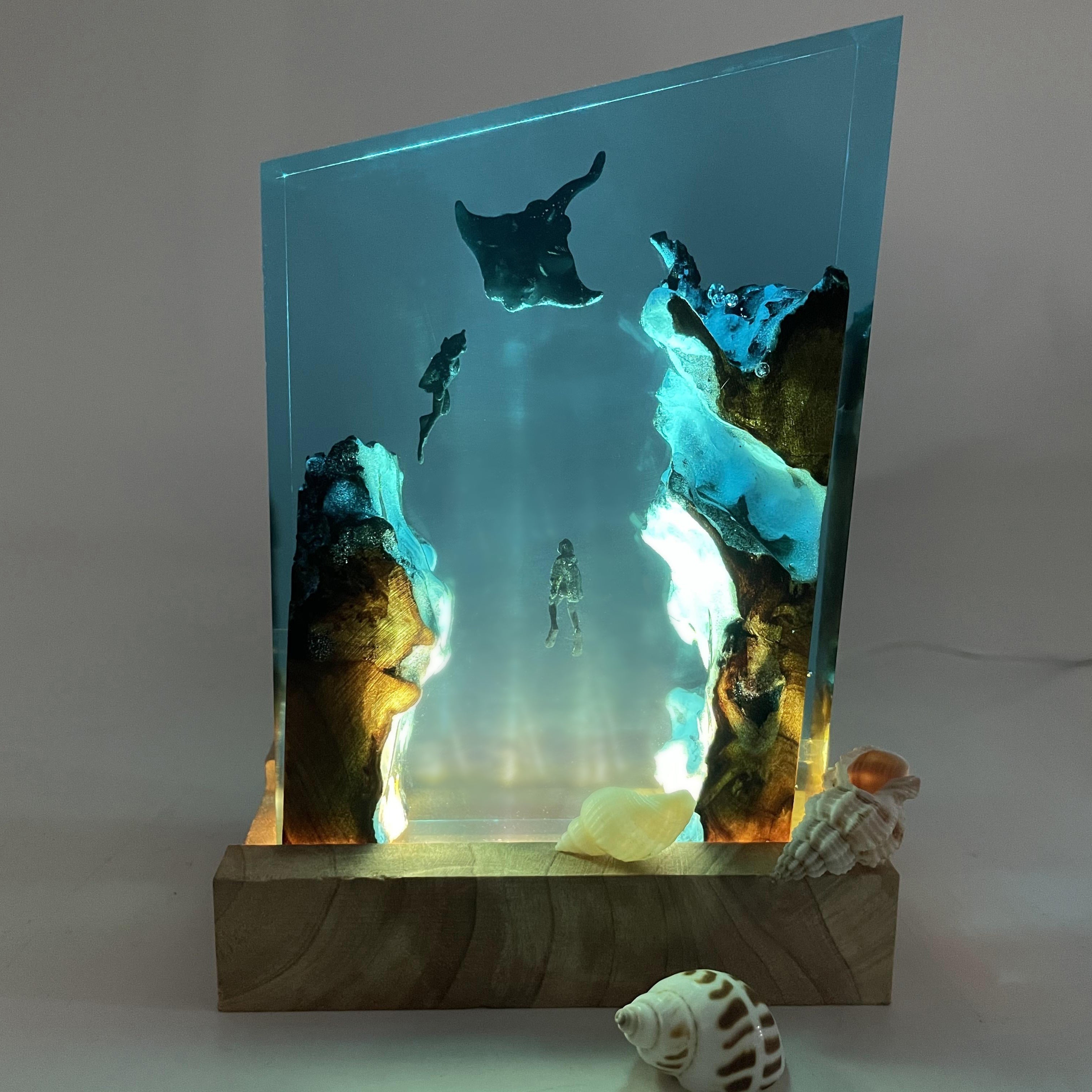 LED Resin Decor Lamp with USB Power Geometric Coral Reef Design Wooden Base