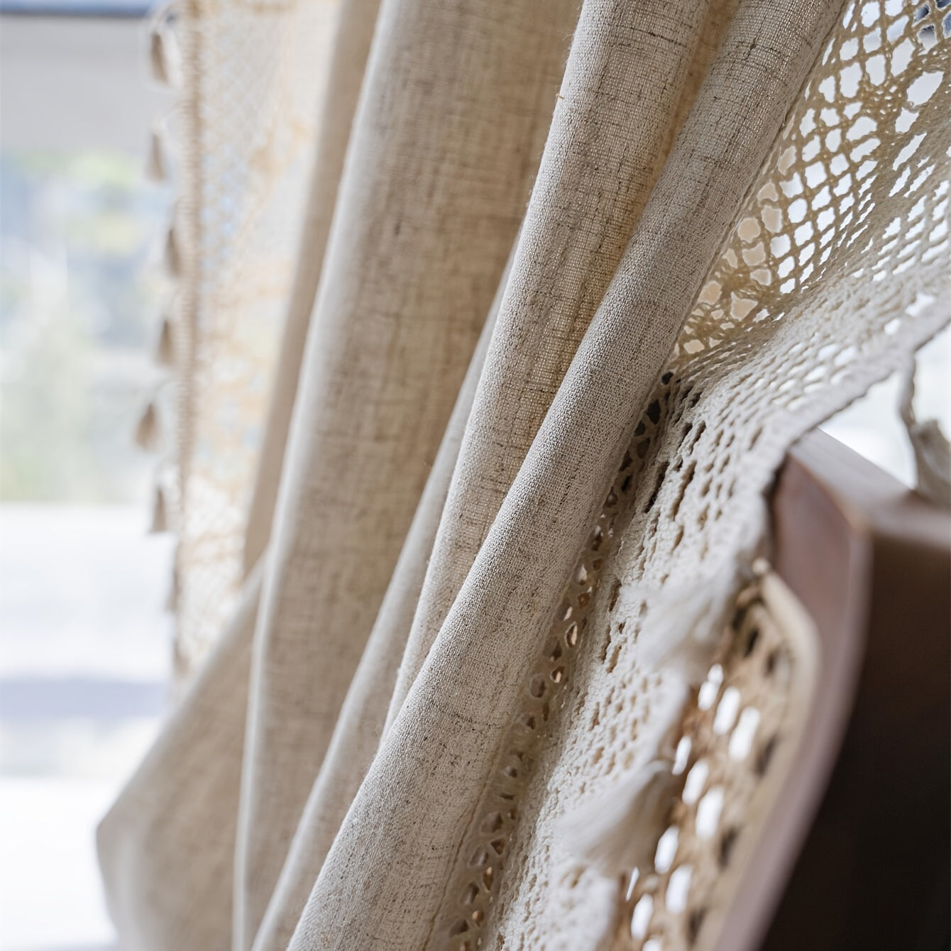 Linen Crochet Curtain with Tassels Semi-Sheer Rod Pocket Farmhouse Style for Living Room Bedroom Kitchen