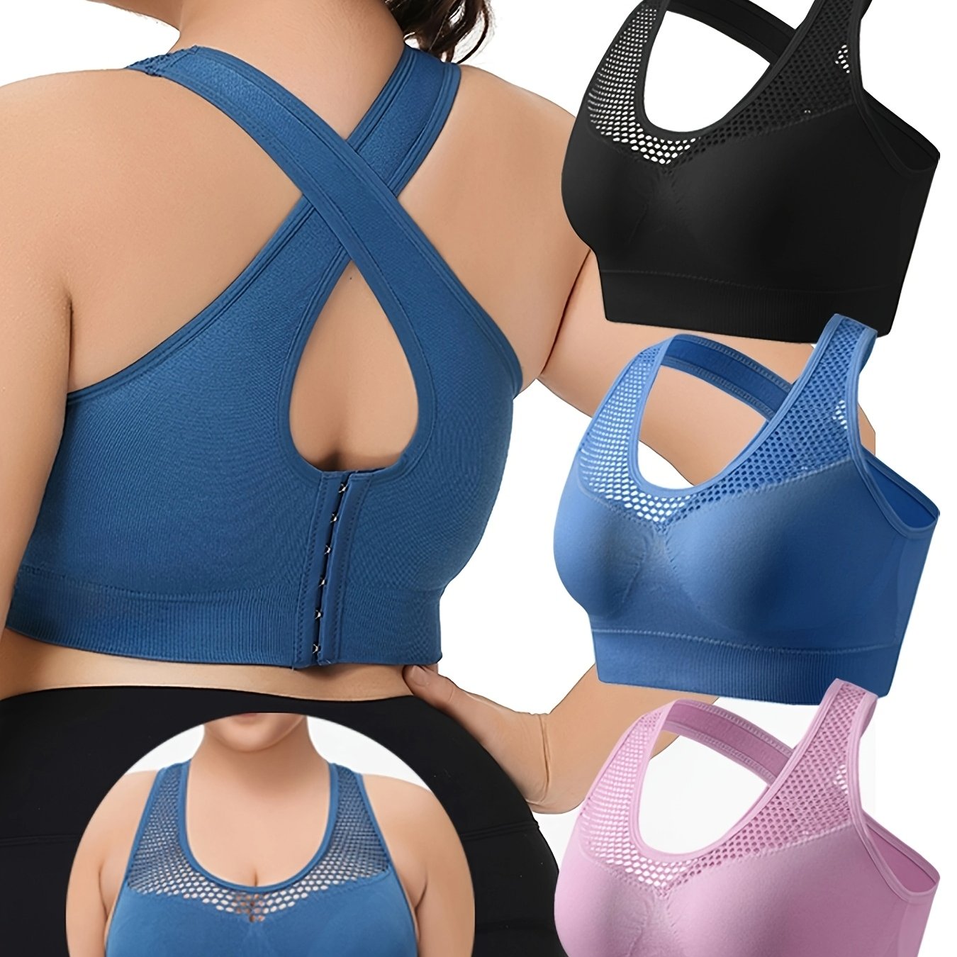 Women's Seamless Mesh Sports Bra Set of 3 Adjustable Plus Size No-Wire Yoga