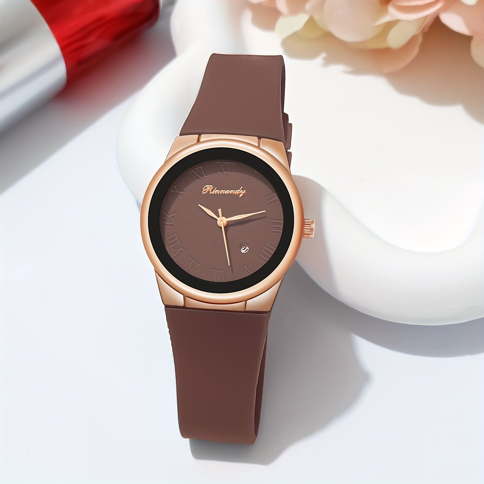 Women Quartz Watch with Silicone Band and Analog Calendar