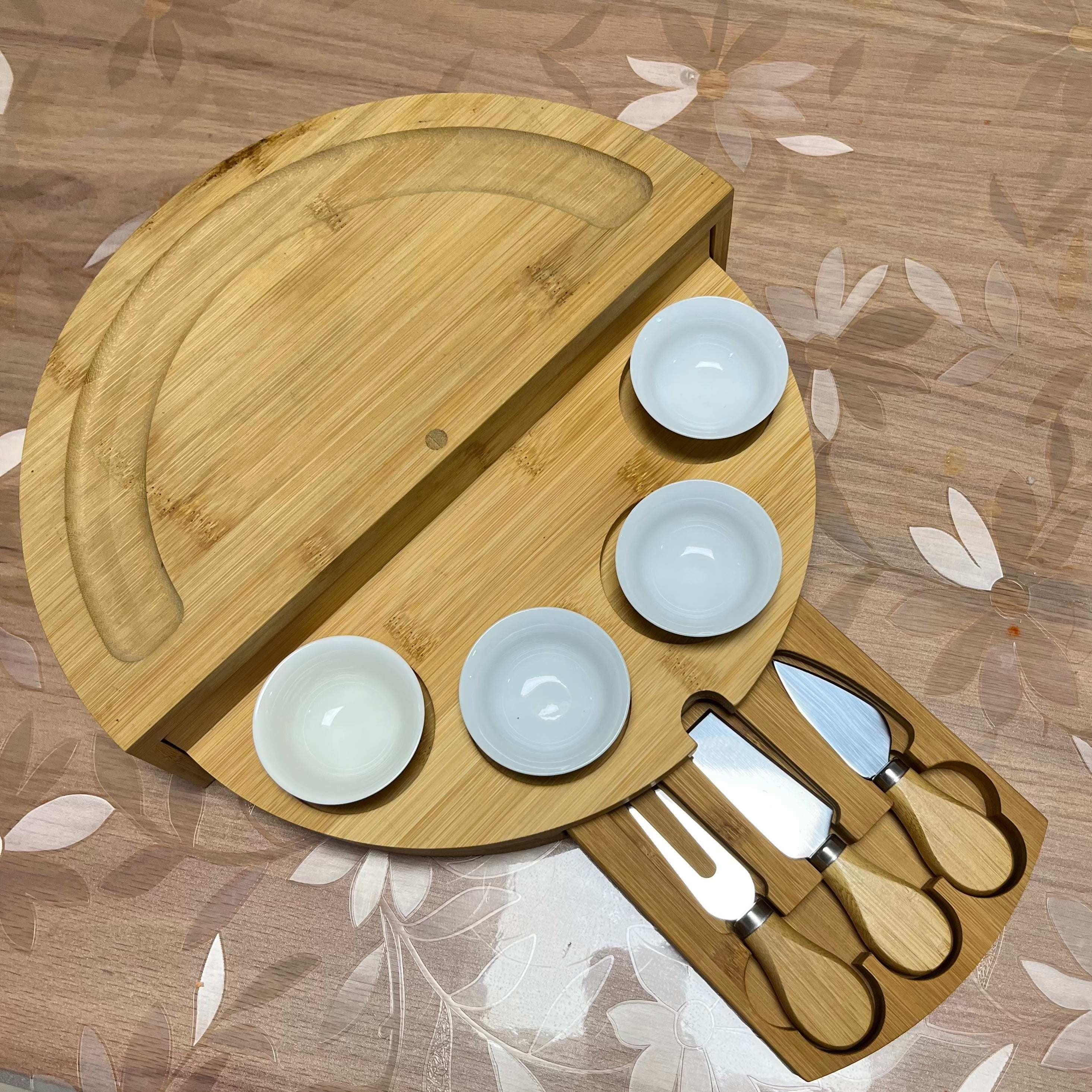 Bamboo Cheese Board Set with Slide-Out Drawer and Foldable Storage for Entertaining