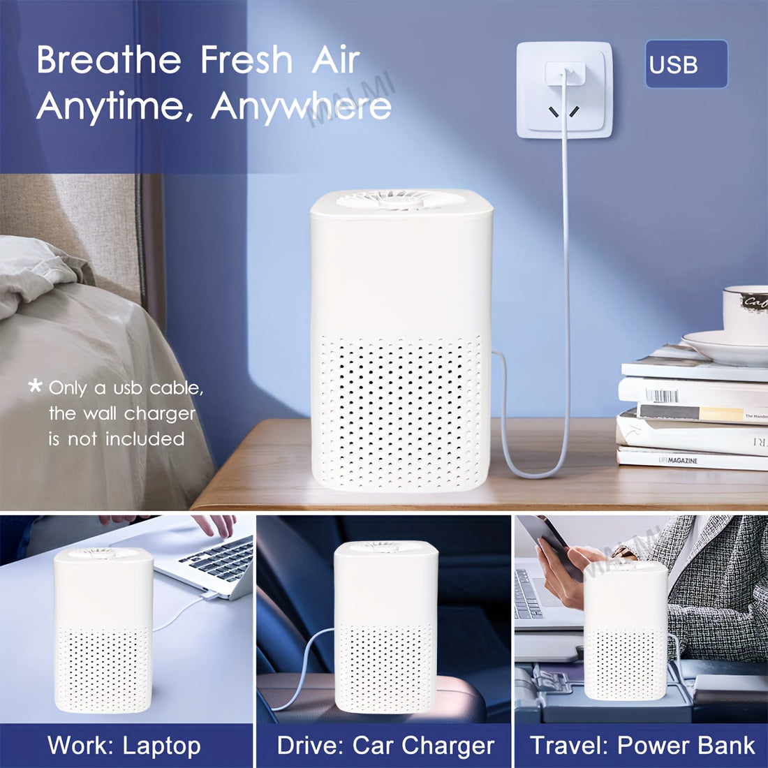 Quiet USB Air Purifier with HEPA and Activated Carbon Filters for Cars Office Bedroom