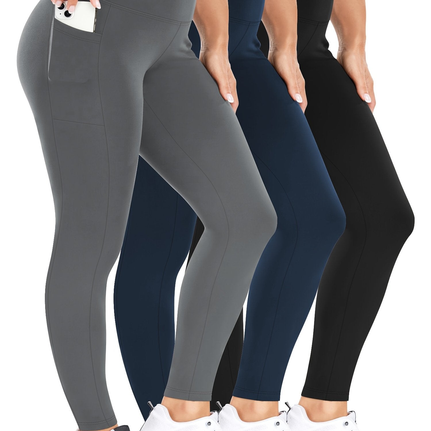 Women's High-Waisted 7/8 Leggings Pack Yoga Pants with Pockets Black Gray Navy