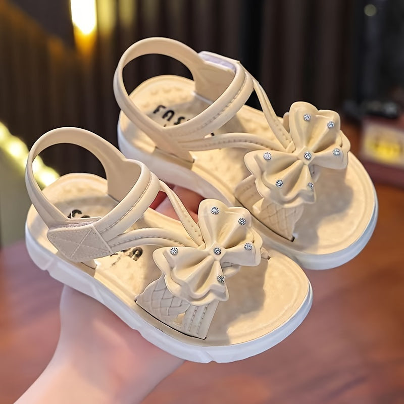 Girls' Sandals with Bowknot Summer 2024 Low Top Breathable Beach Footwear Black White Pink Cream