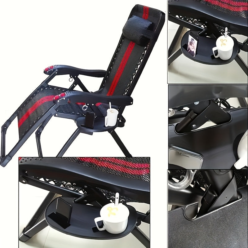 Black Folding Chair Attachment with Beverage and Snack Trays for Outdoor Use