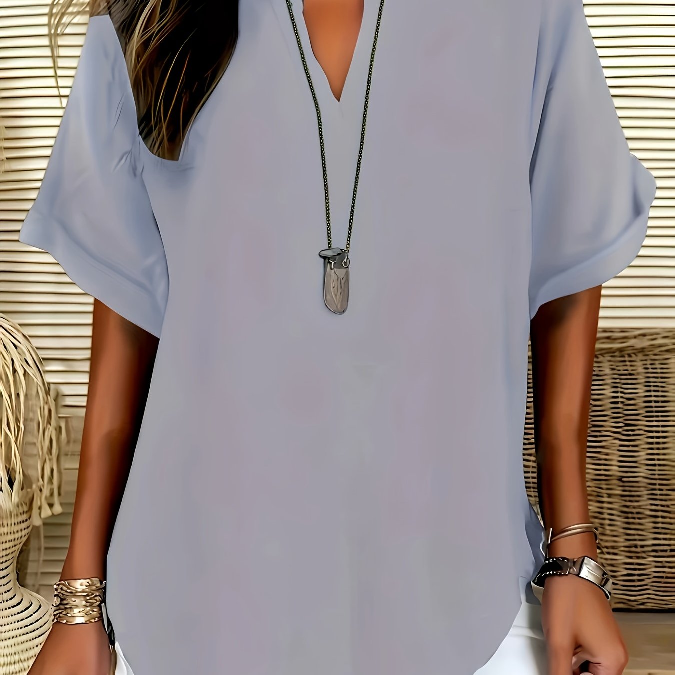 Plus Size Women's V-Neck Short Sleeve Blouse Light Gray Casual Summer Relaxed Fit