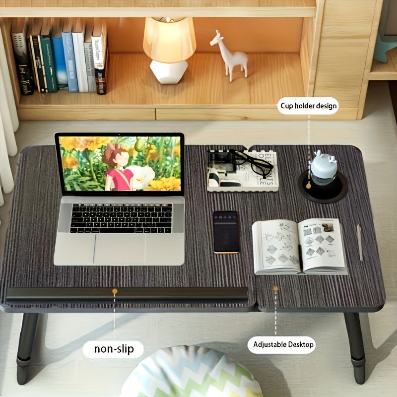 Adjustable Laptop Table with Cup Holder, Anti-Slip Strip, Foldable, White or Black