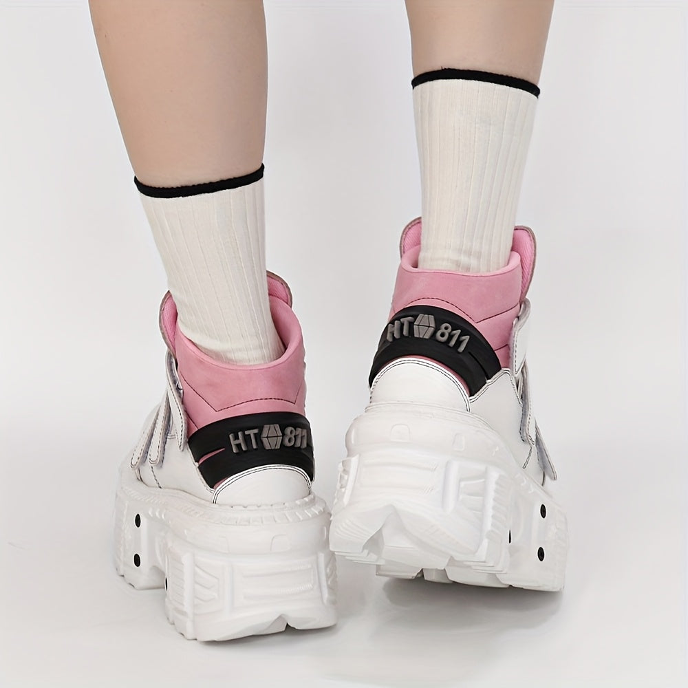 Unisex Retro Punk Platform Lace-Up Shoes Metallic Accents Mesh Casual Footwear