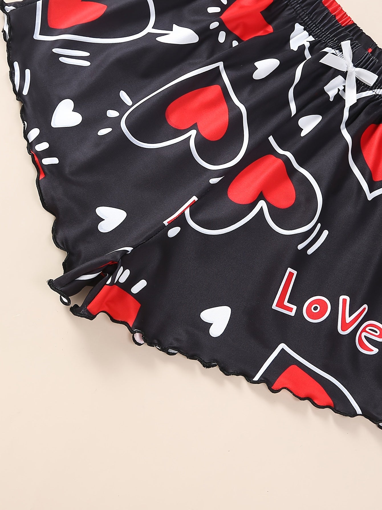 Women's Valentine's Day Pajama Set Heart Slogan Print Lettuce Trim Cami Top Elastic Shorts