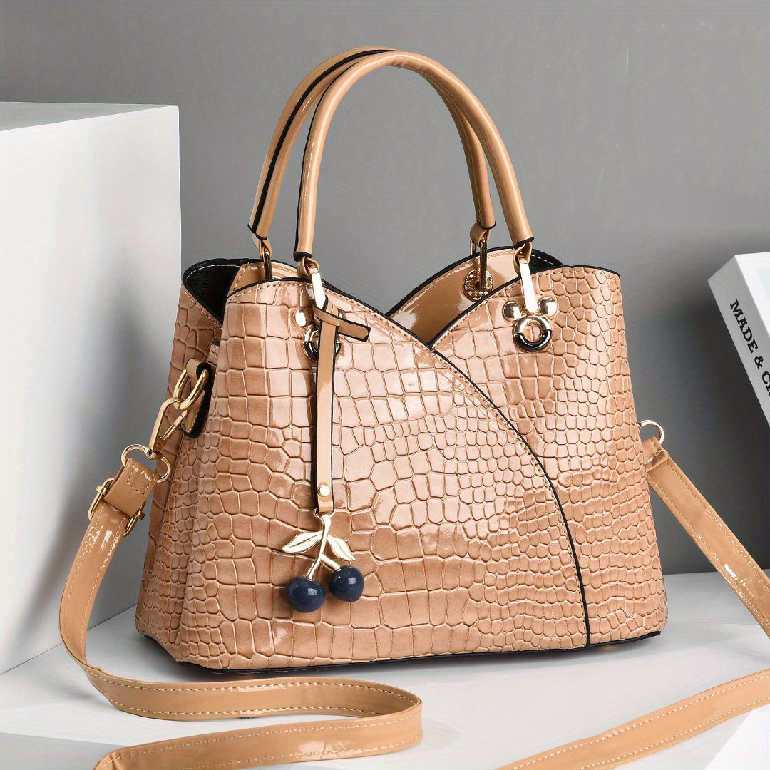 Crocodile Embossed Tote Bag with Cherry Pendant PU Checkered Zipper Closure