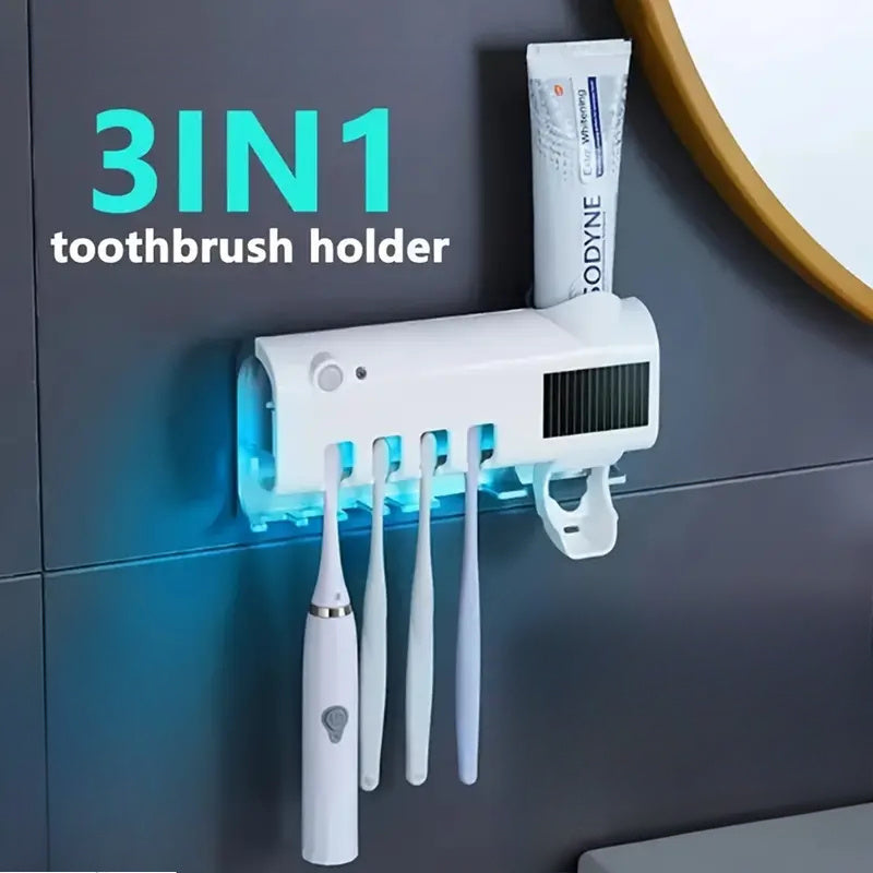 Wall-Mounted Toothbrush Holder with 4 Slots and Smart Toothpaste Dispenser USB Rechargeable No Drilling