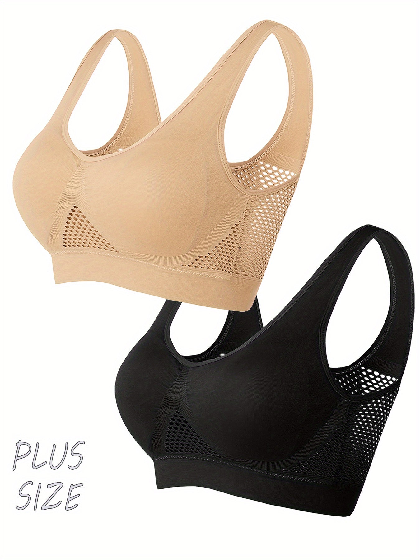 Plus Size Sports Bra No Seam Mesh Breathable Supportive Black Beige 2 Pack