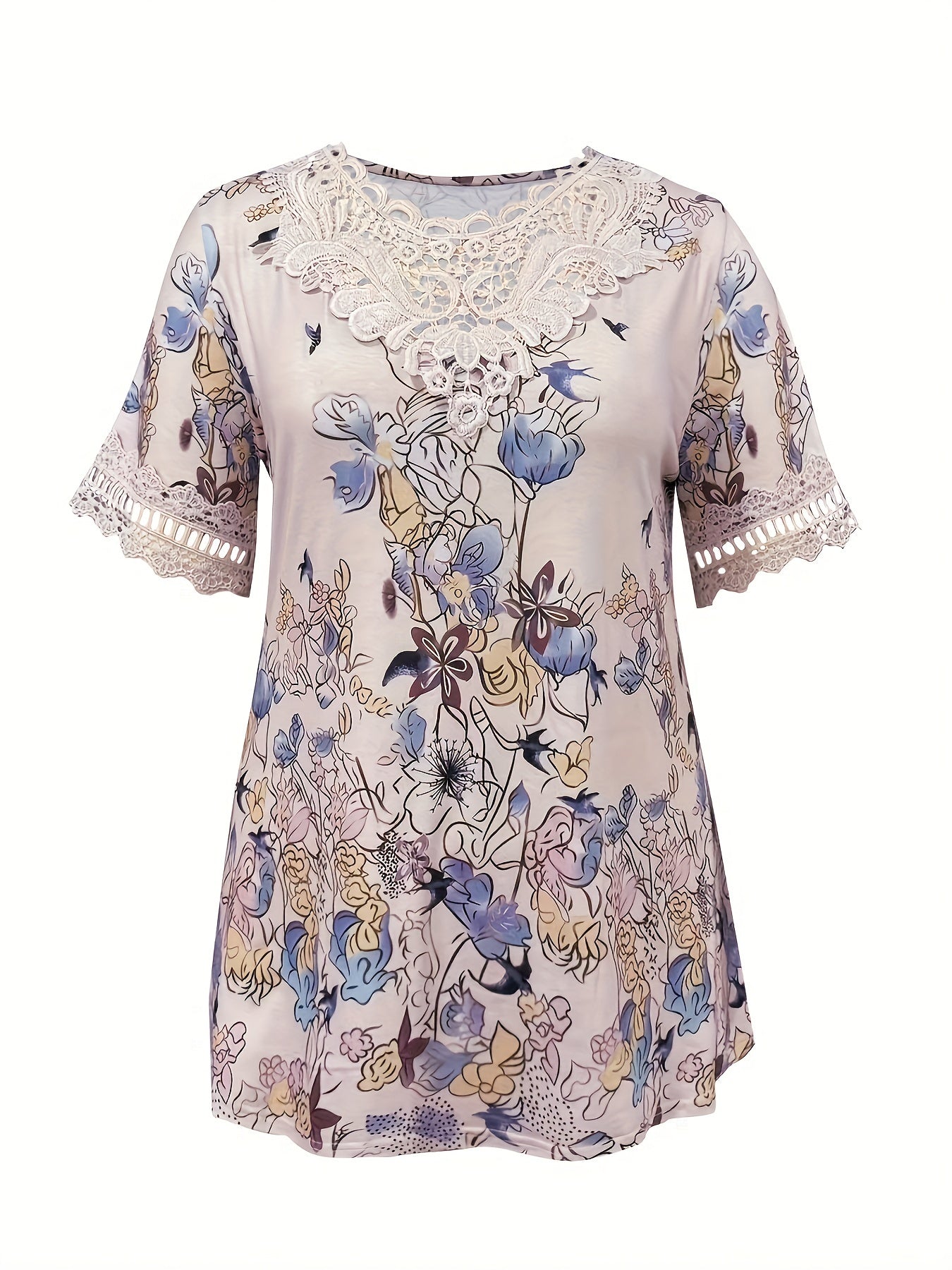 Women's Plus Size Floral Print Lace Trim Blouse Short Sleeve Summer Top
