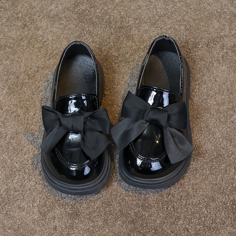 Girls Spring Black Loafers with Bow Non-Slip Rubber Sole Casual Shoes
