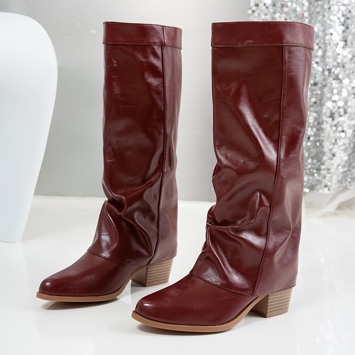 Women's Faux Leather Western Knee-High Boots with Chunky Heel and Square Toe