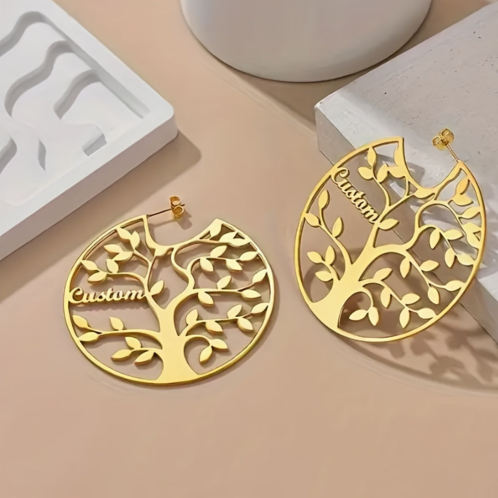 Pendientes de aro con colgante de árbol de la vida en acero inoxidable bohemio para fiestas, bodas, regalo para ella