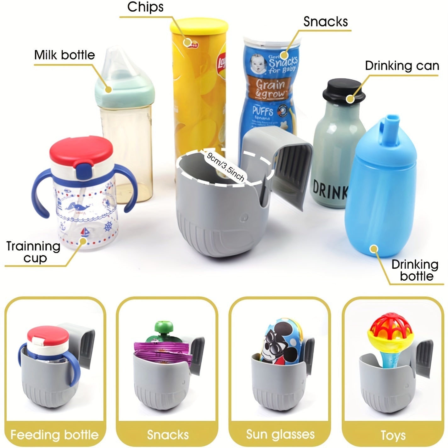 Grey Car Seat Cup Holder for Stroller and Vehicle Portable Drink Holder