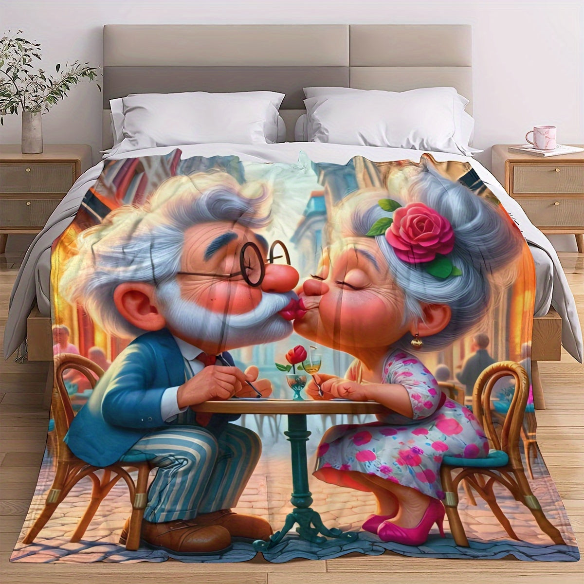 Cozy Flannel Fleece Throw Blanket with Grandpa and Grandma Print for Living Room Sofa