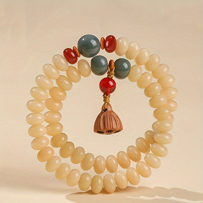 Vintage etnik uslubdagi yog'och marjonli bilaguzuk, lotus pendant bilan - kundalik kiyish, meditatsiya va bezatish uchun mukammal - Buddist ibodat marjonlari va lotus pendantini o'z ichiga oladi.