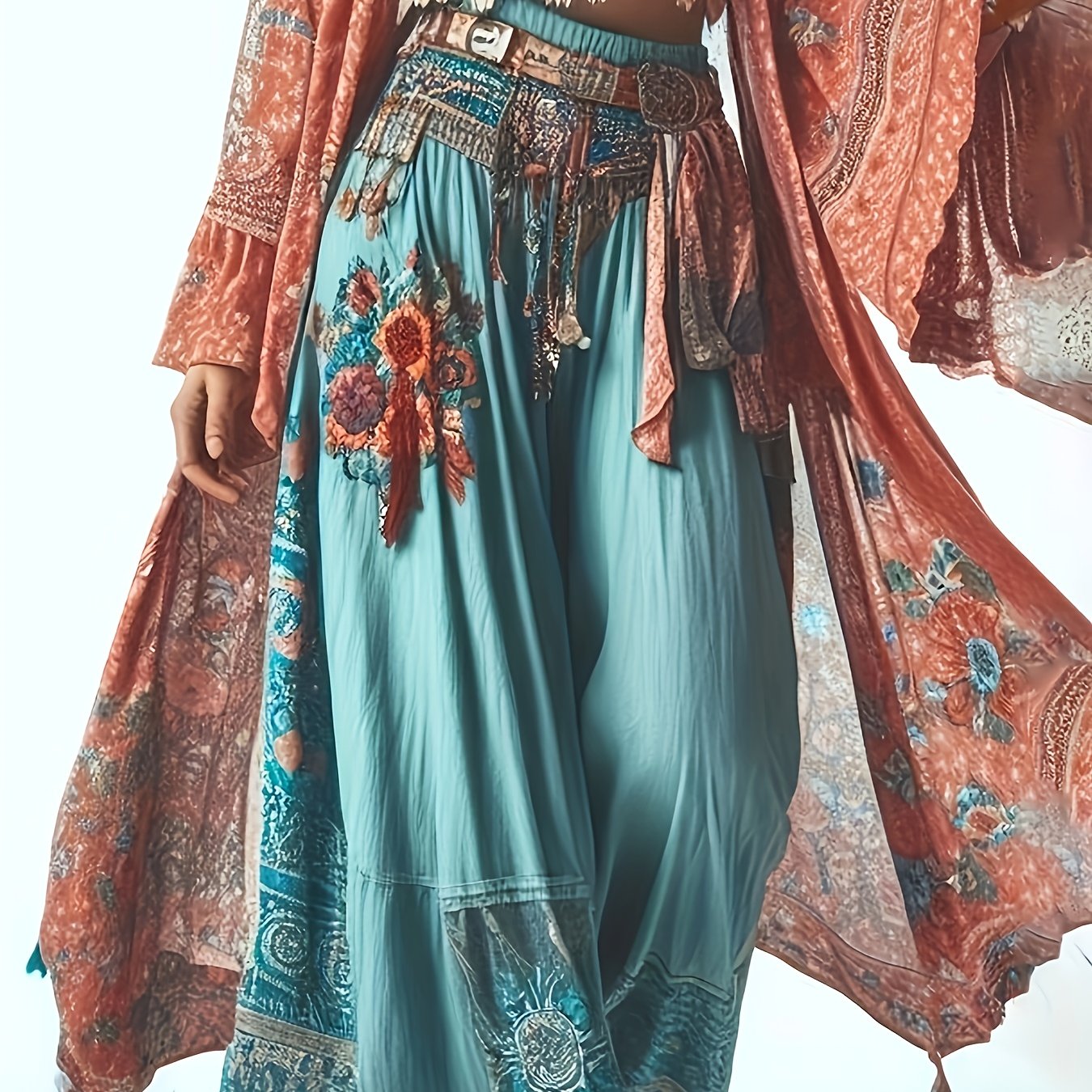 Plus Size Women's Wide-Leg Floral Embroidered Pants Polyester Stretch Waist