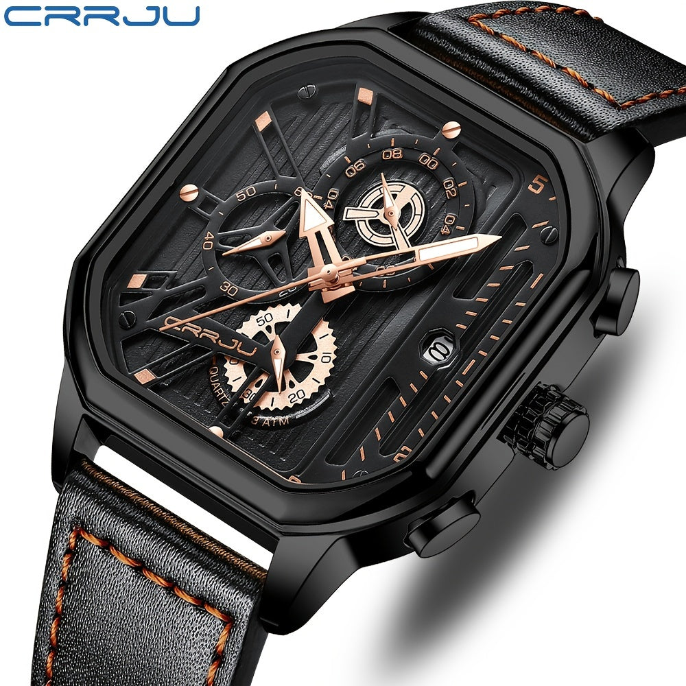 Men's Black Stainless Steel Chronograph Watch with Leather Strap