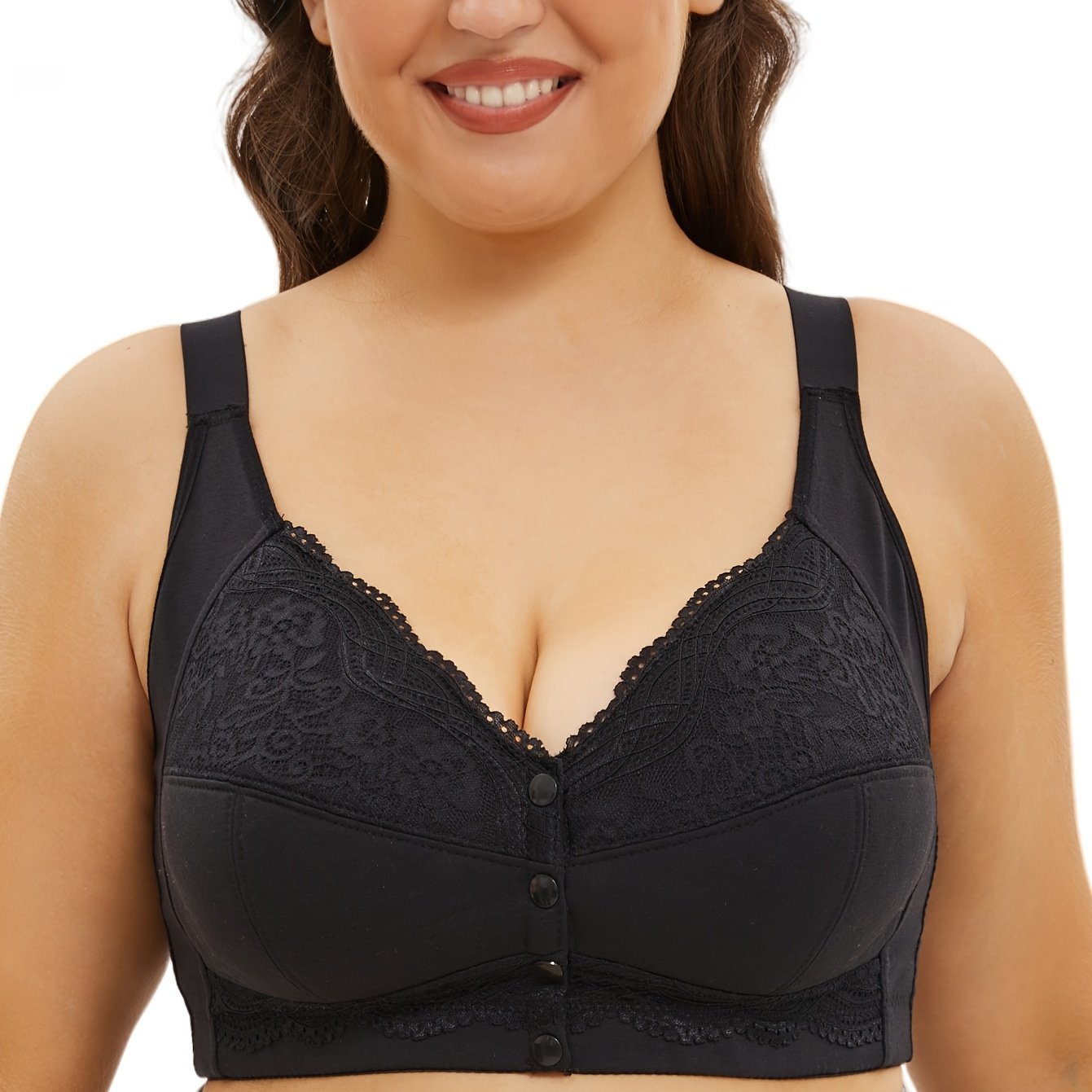 Women's Plus Size Lace Front Closure Underwear with Adjustable Straps Wireless Bra