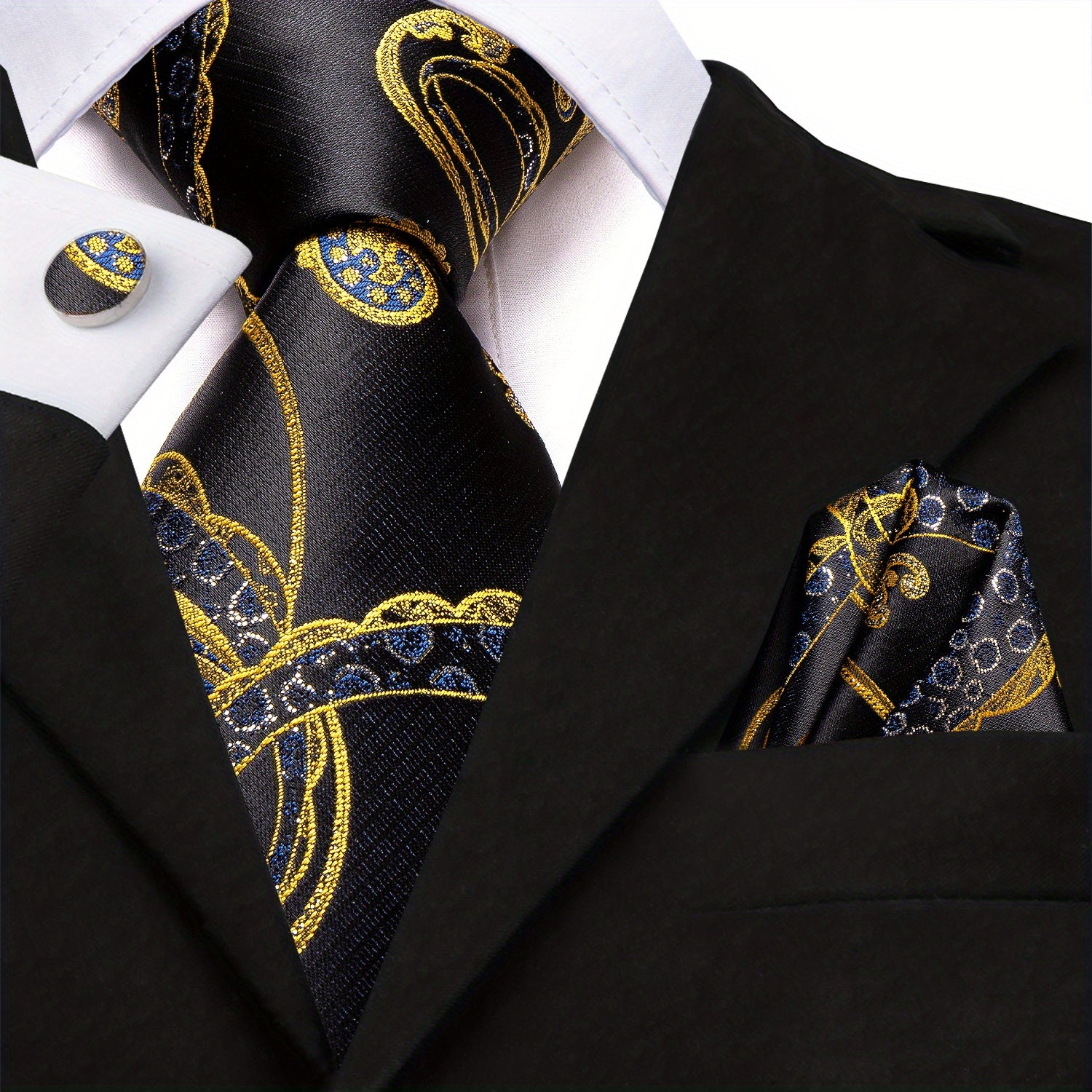 Men's Classic Necktie Set 160cm with Matching Hanky and Cufflinks for Business and Formal Events
