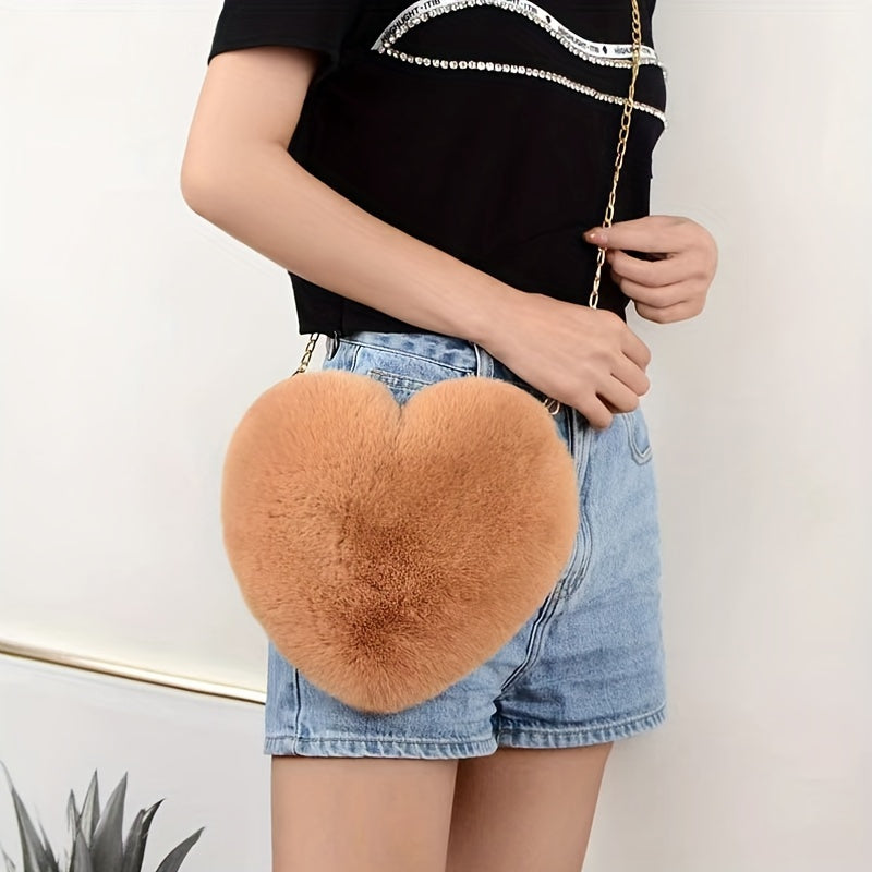 Heart-Shaped Fluffy Faux Fur Shoulder Bag Zipper Closure for Valentine's Day and Casual Use