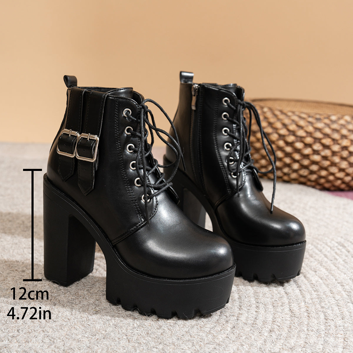 Women Black Double Buckle High Heel Ankle Boots Stylish Platform Dress Shoes