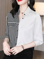 Women's Polyester Color Block Shirt with Stripe Print and Button Front for Spring and Fall