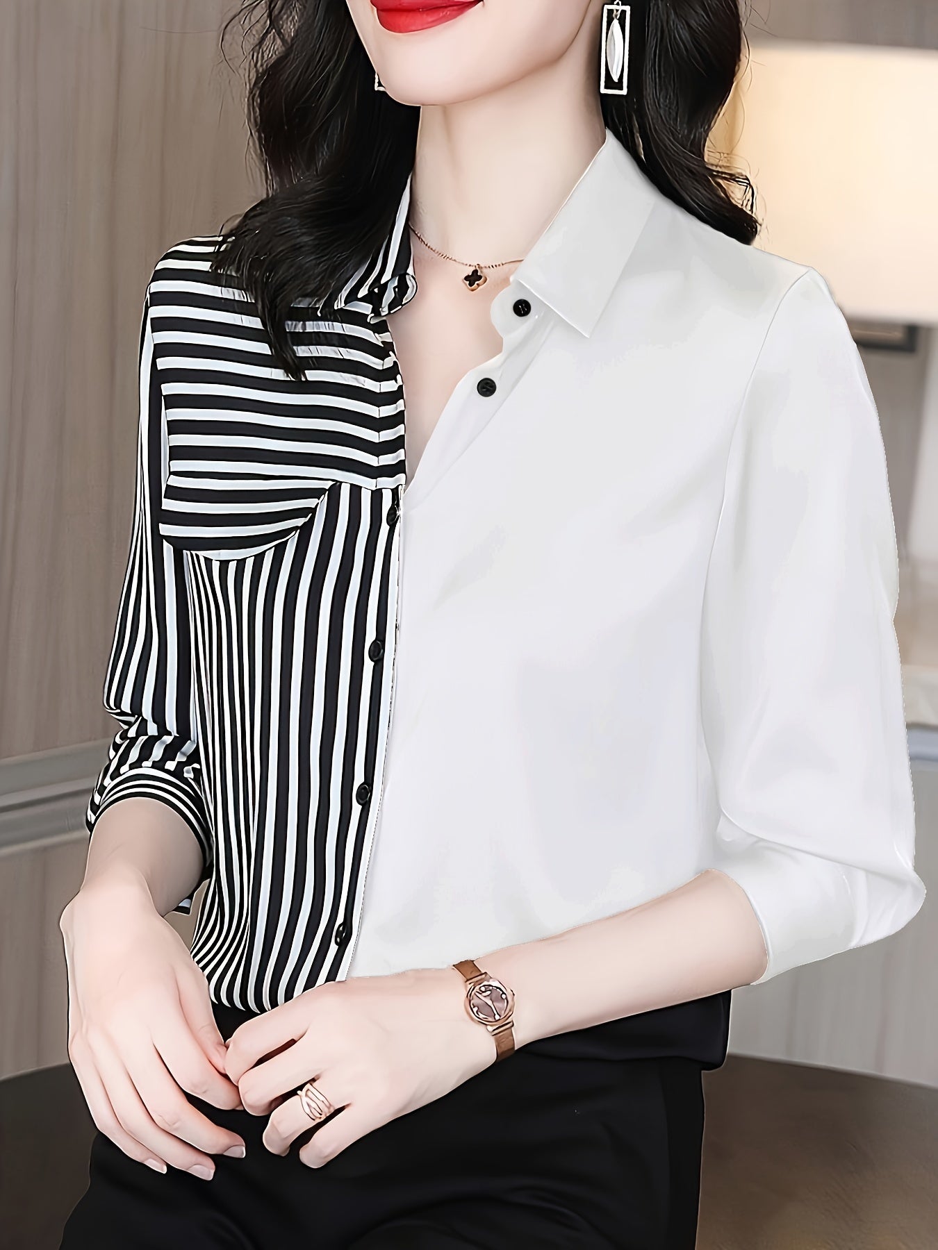 Women's Polyester Color Block Shirt with Stripe Print and Button Front for Spring and Fall