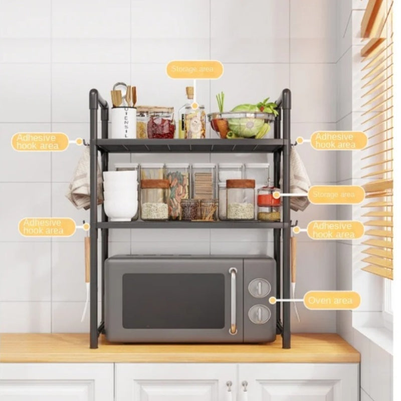 Black Expandable Microwave Stand with 3 Tiers and 8 Hooks for Kitchen or Home