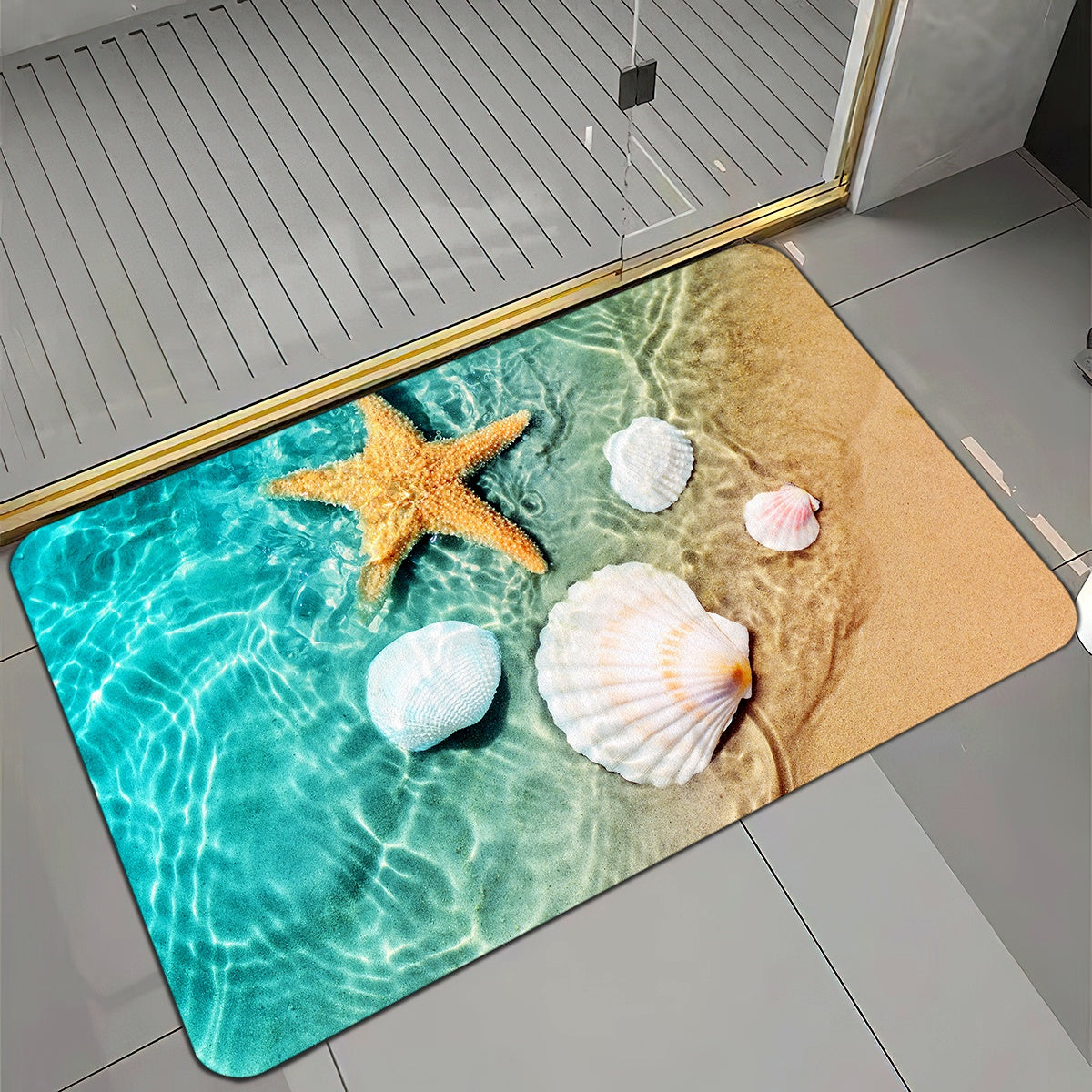 Bright 3D Print Non-Slip Bath Rug Sponge Foam Flannel Seashell Beach Decor