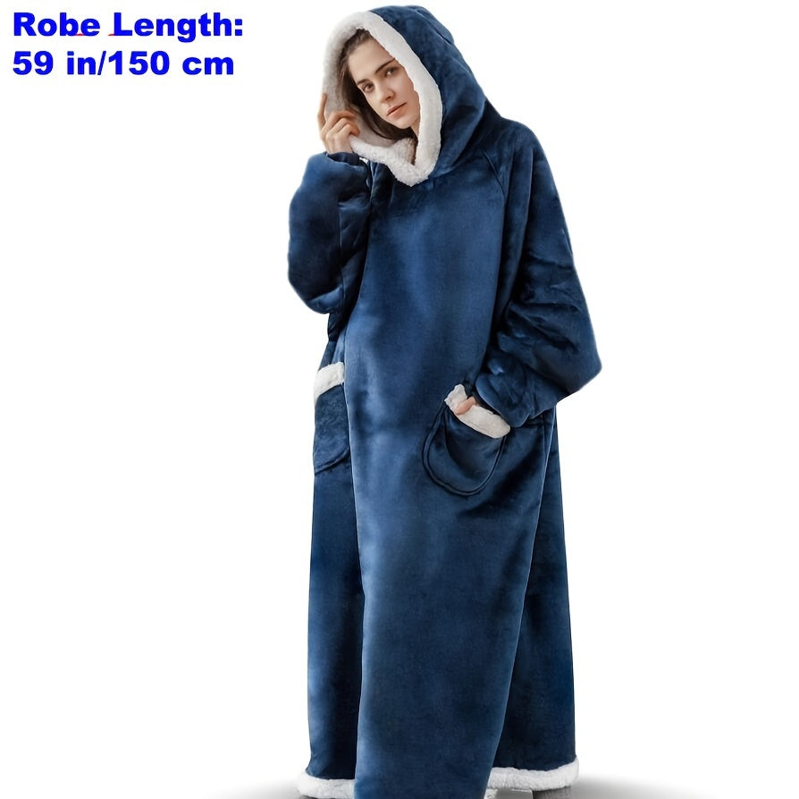 Blue Wearable Blanket Hoodie with White Fur Trim Extra-Long Soft Robe for Men Women