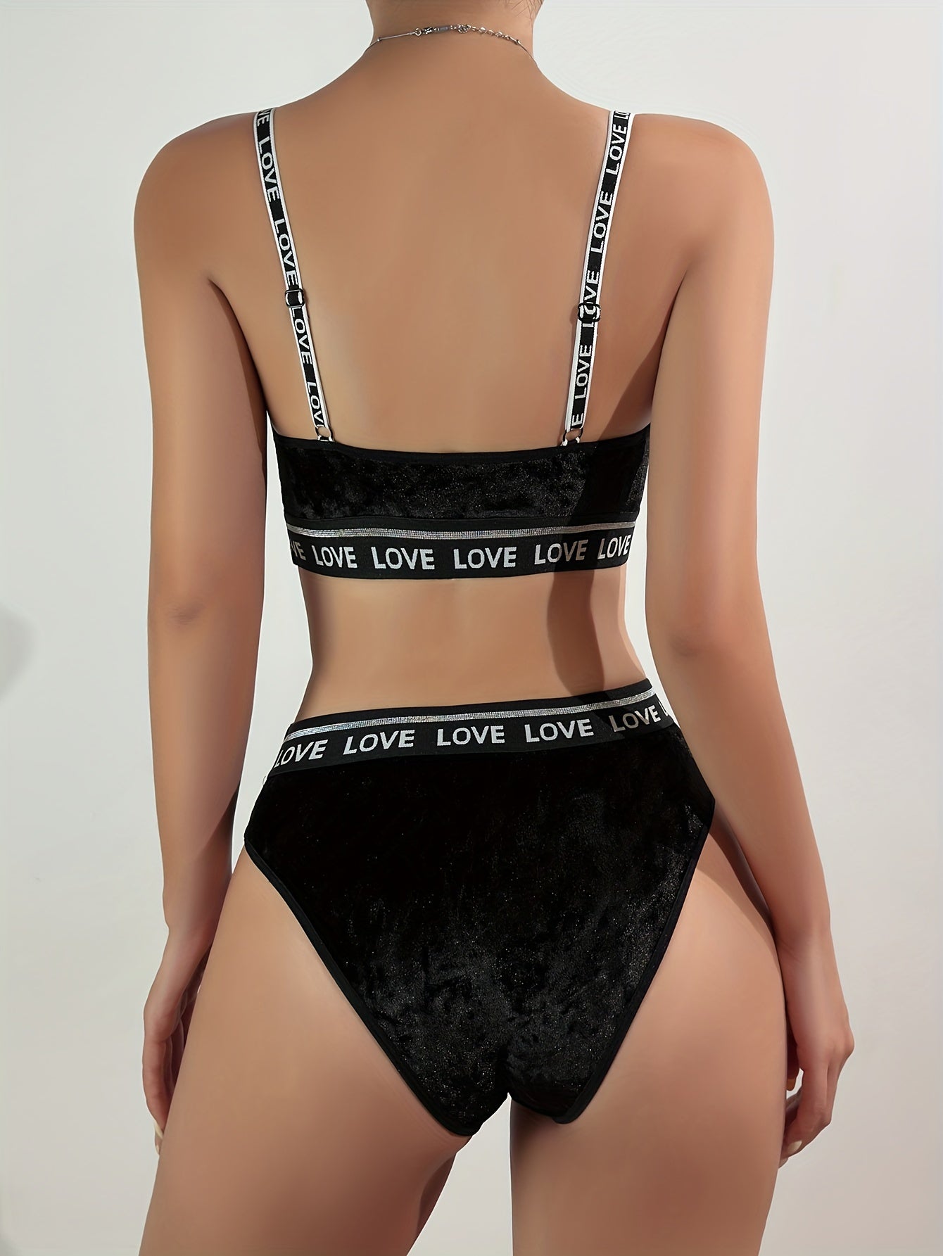 Women's Lingerie Set with Letter Strap Detail Polyester Blend Solid Color No Padding Bra Mid-Rise Briefs Comfortable Knit Fabric