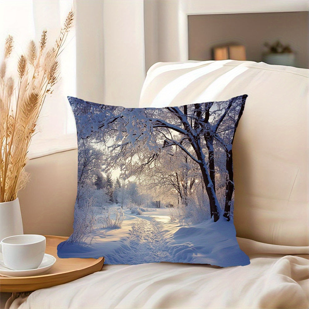 Winter Wonderland Snow Scene Throw Pillow Cover 45.72cm Short Plush Polyester