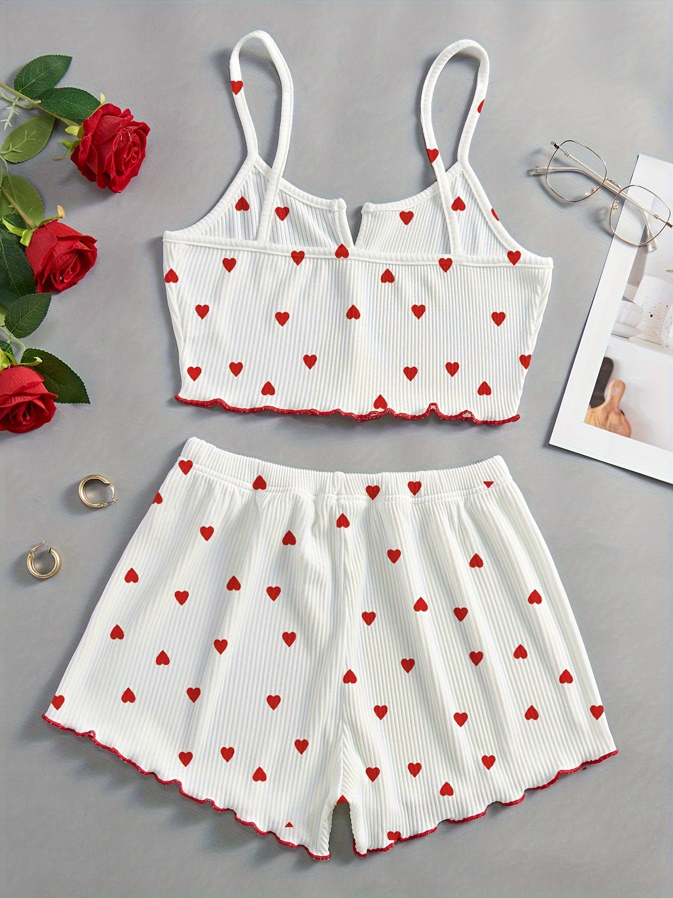 Women's Valentine's Day Heart Print Lounge Set with Lettuce Trim Camisole and Elastic Shorts
