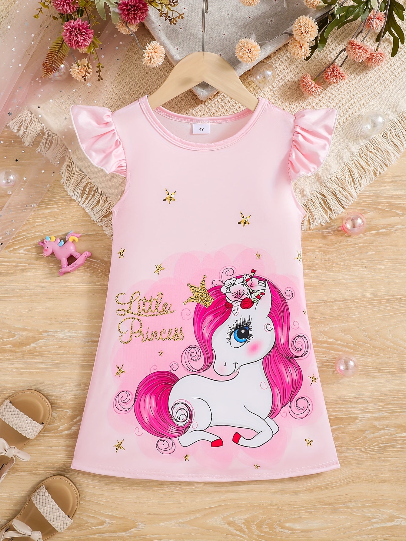 Girls' Polyester Unicorn Dress with Flutter Trim for Spring and Summer