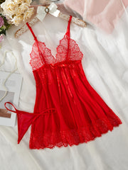 Red Lace Lingerie Set with Bow Details, Includes Dress and Thong for Women