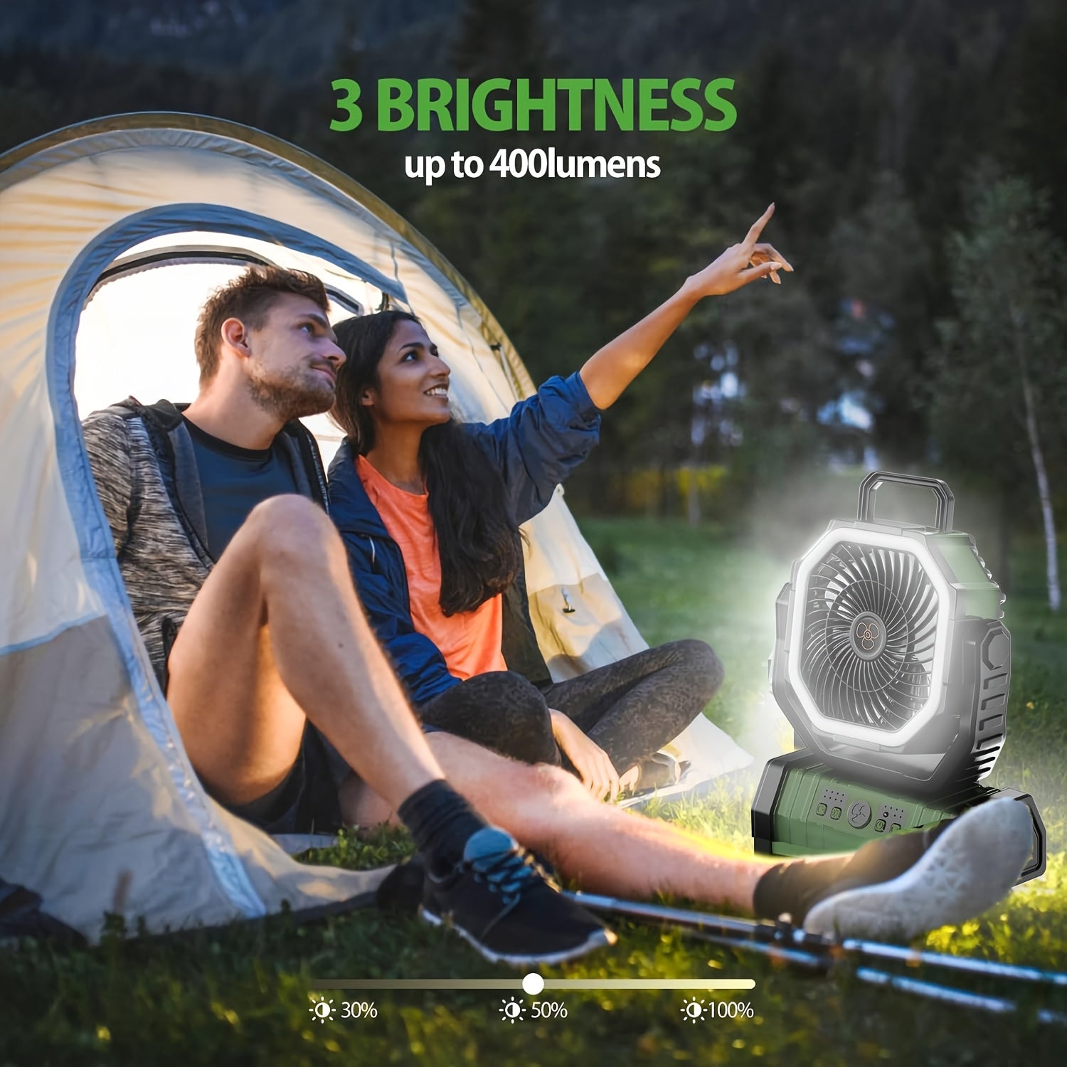 Cordless USB Fan with LED Lantern Green Rechargeable Lithium Battery Adjustable Oscillation Portable for Camping Bedroom Office