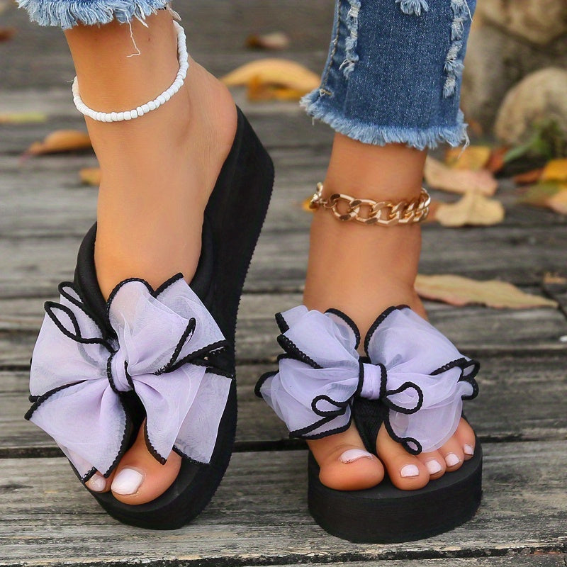 Women's Black Platform Flip-Flops with Bowknot Summer Open Toe Sandals