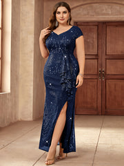 Women Sequin V-Neck Mermaid Gown with High Slit Ruffle Formal Dress