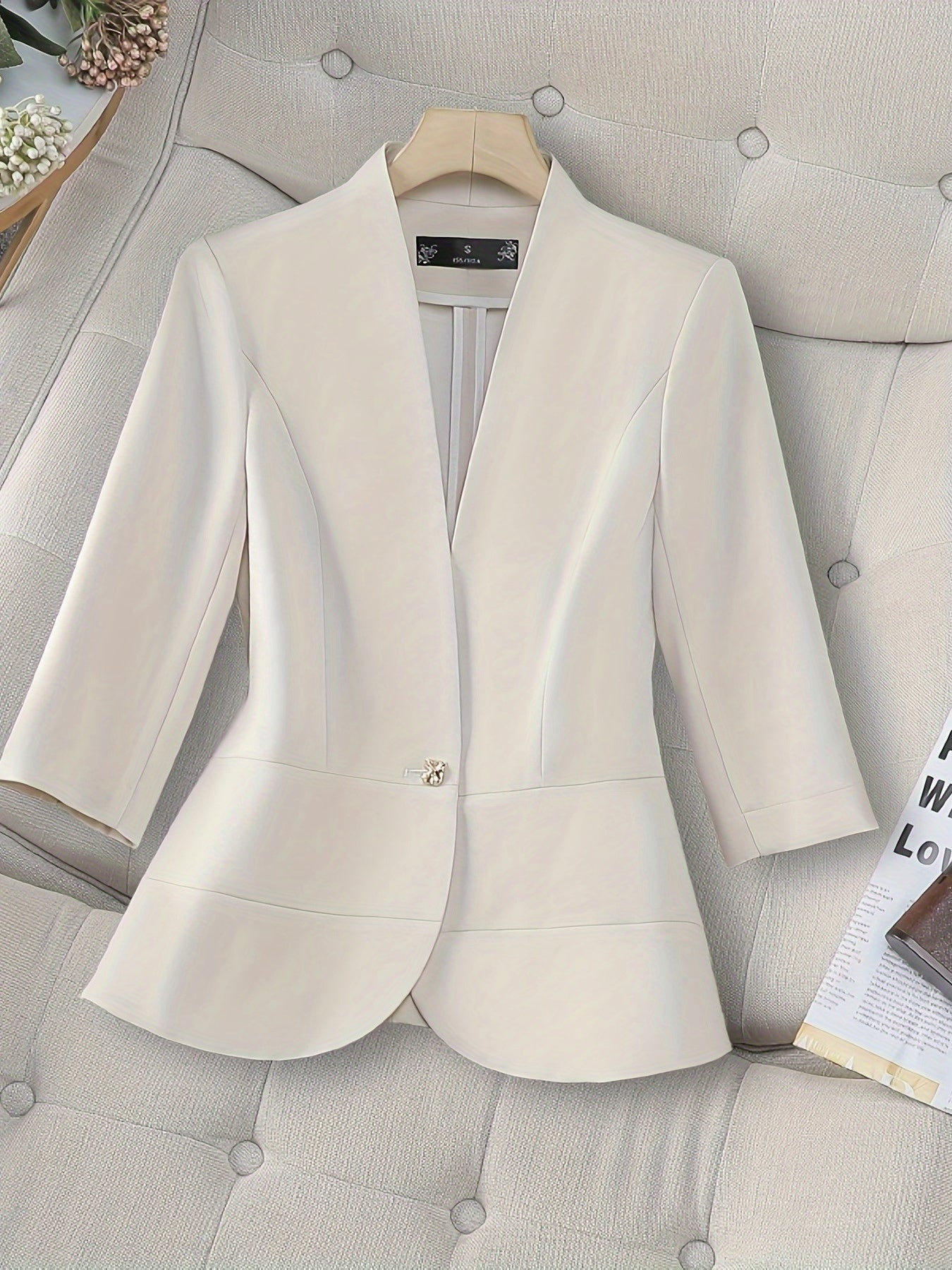 Women's White Three-Quarter Sleeve Blazer Classic Office Casual Fit