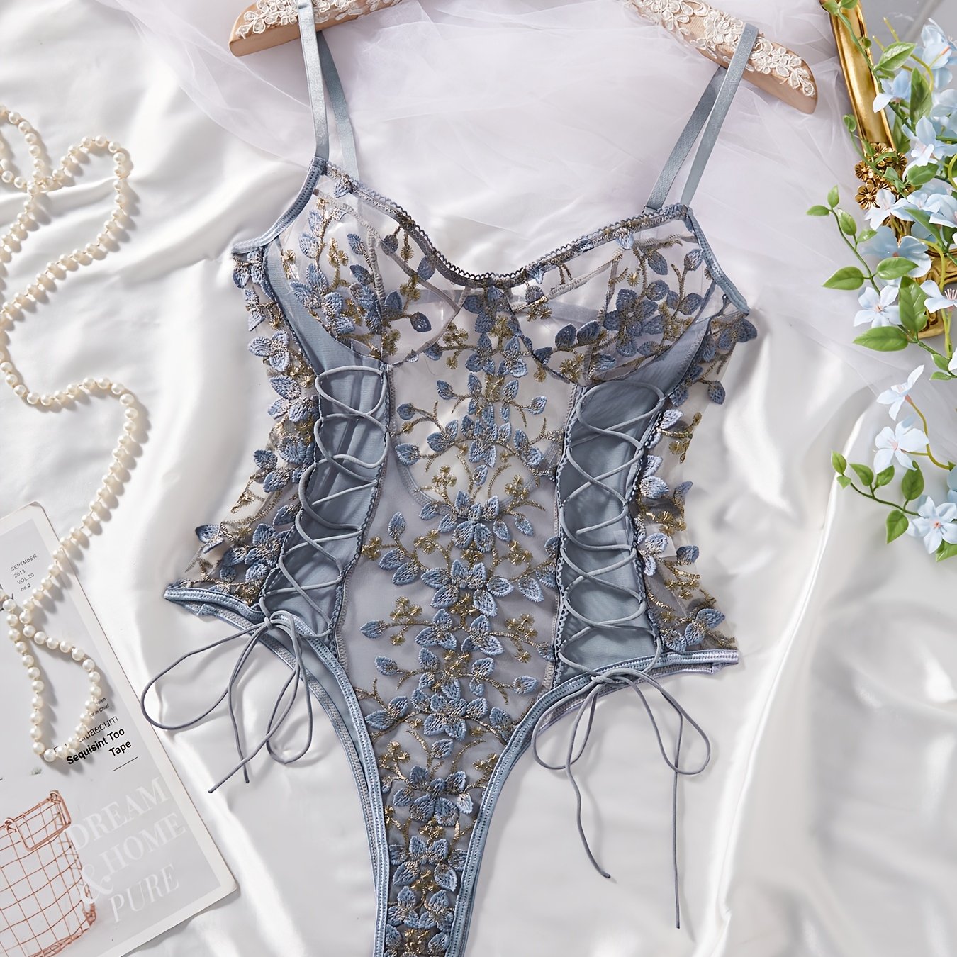 Floral Embroidered Bodysuit with Belt for Women