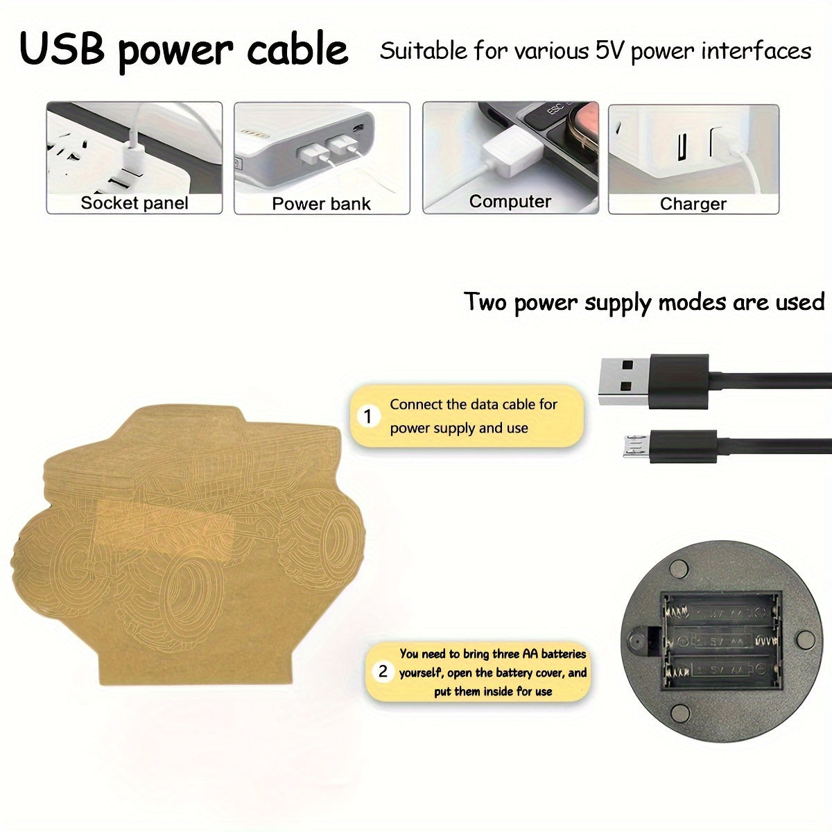 Modern Monster Truck 3D Illusion Table Lamp Touch Control USB Desk Night Light