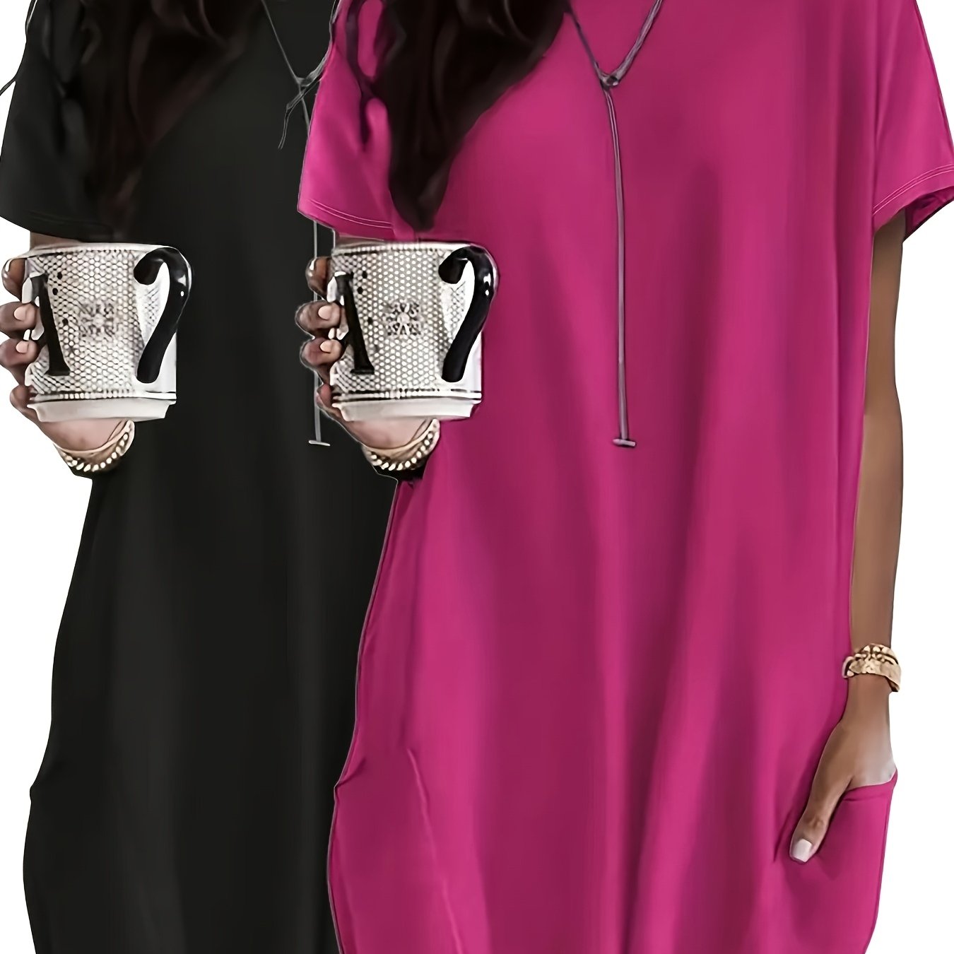 Women's Casual Summer Tops 2 Pack Short Sleeve Loose Fit Pockets Polyester