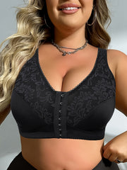 Sujetador bralette sin aros de talla grande para mujer con estampado floral y cierre frontal, con estiramiento medio